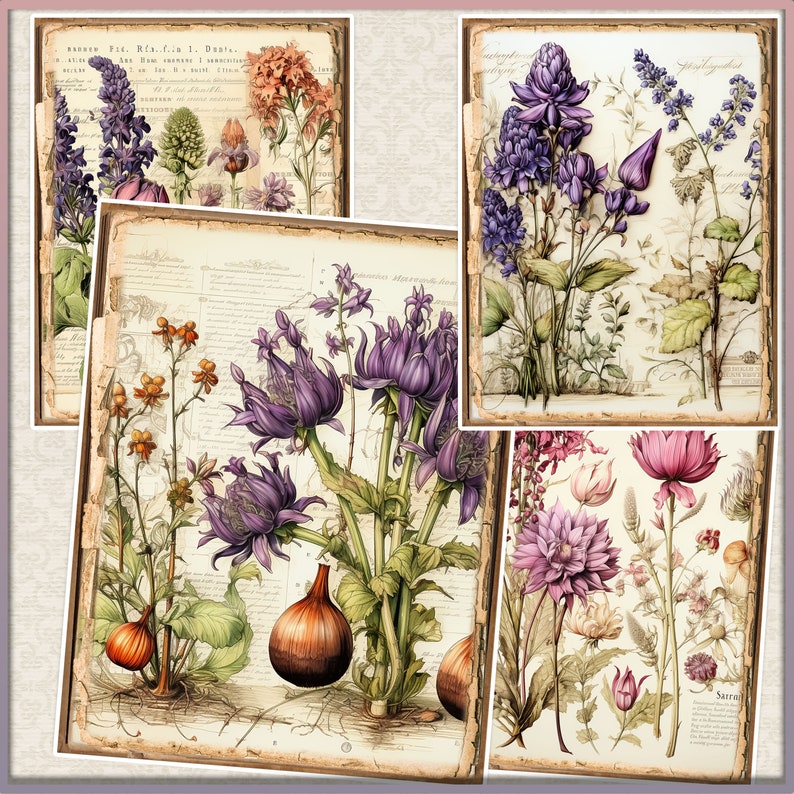 May include: A collage of four vintage botanical illustrations featuring various purple, pink, and white flowers with detailed drawings of leaves and stems. The illustrations are framed with a decorative border.