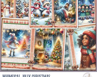 Puede incluir: Un conjunto de seis páginas imprimibles de diario de chatarra con escenas navideñas caprichosas. Las páginas incluyen un pueblo nevado, pingüinos, un niño durmiendo, villancicos, una niña mirando por la ventana y una habitación acogedora con un árbol de Navidad.