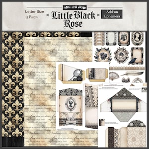 May include: A collection of "Little Black Rose" themed ephemera, including patterned papers, envelopes, and decorative elements. The design features a vintage aesthetic with black, cream, and gold accents, including fleur-de-lis, roses, and script. The set is letter size and includes 15 pages.