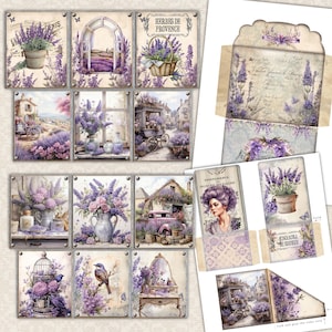 Vintage Lavender Junk Journal Digital Add-On Kit, Floral Printable Decorative Ephemera, Rural Provence Tags, pockets Embellishments image 2