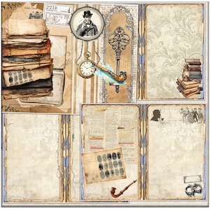 May include: A vintage-style scrapbook with a detective theme. The scrapbook features images of a detective, a key, a pipe, a pocket watch, and a stack of books. The scrapbook also includes a newspaper clipping, a fingerprint card, and a police badge. The scrapbook is decorated with a blue and white patterned border.