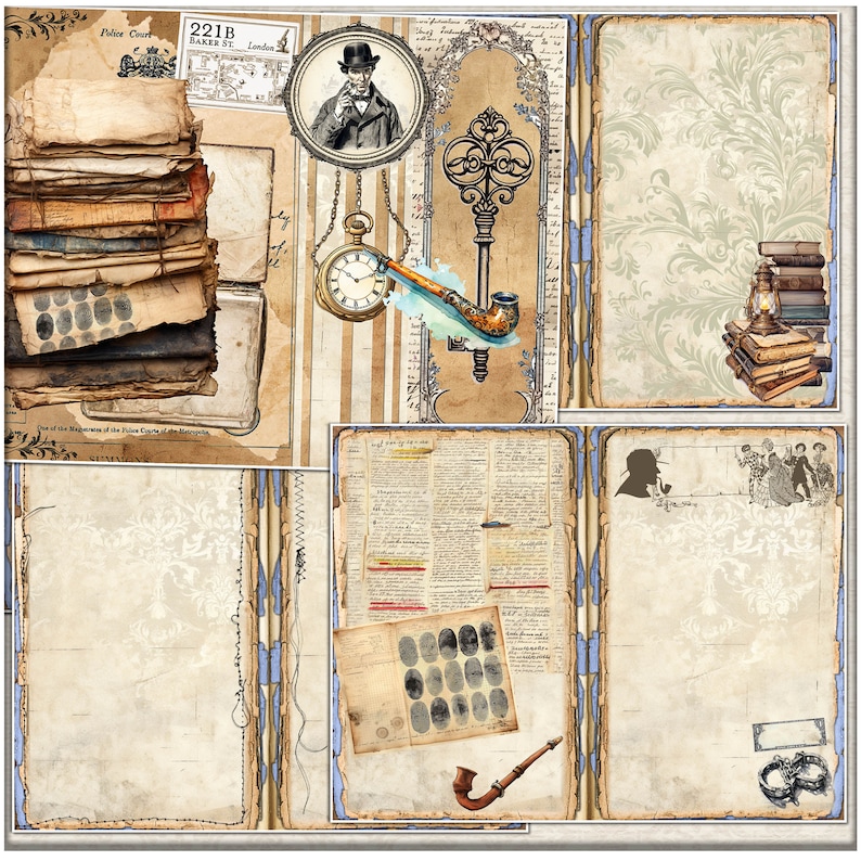 May include: A vintage-style scrapbook with a detective theme. The scrapbook features images of a detective, a key, a pipe, a pocket watch, and a stack of books. The scrapbook also includes a newspaper clipping, a fingerprint card, and a police badge. The scrapbook is decorated with a blue and white patterned border.