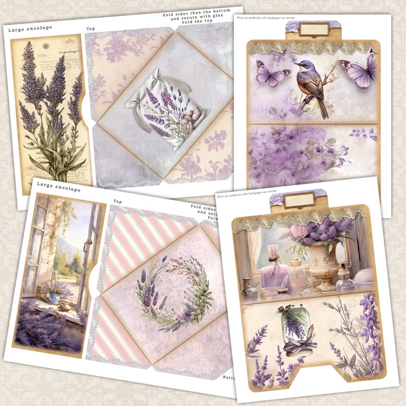 Vintage Lavender Junk Journal Digital Add-On Kit, Floral Printable Decorative Ephemera, Rural Provence Tags, pockets Embellishments image 4