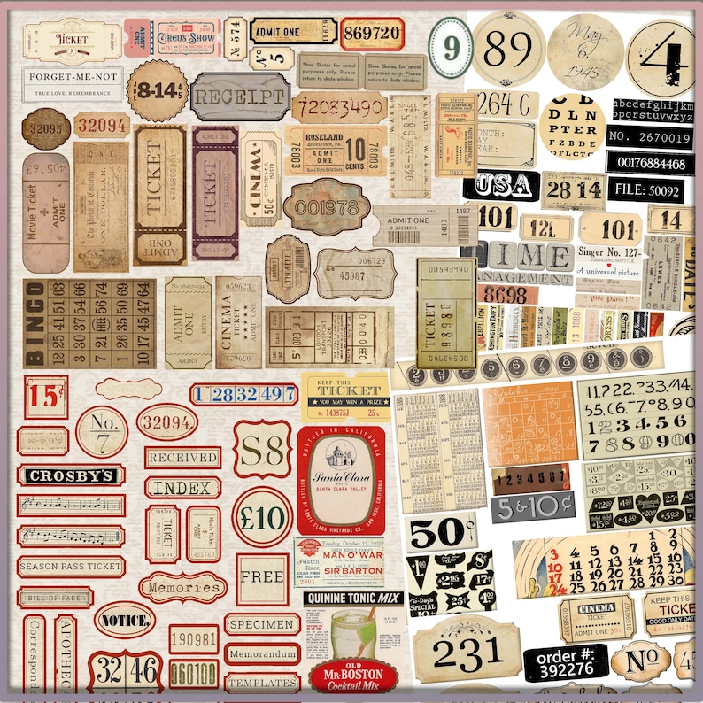 Digital Printable Junk Journal Vintage Ephemera Kit, Junk Journaling Tags, Labels, Tickets, Numbers, Printable Papers, Journaling Supplies image 5