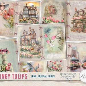 Digitale kit voor junkjournal, vintage grunge-tulpen, bloemenpagina's, afdrukbare shabby chic collagepapier, lentedagboek, plakboek, digikit