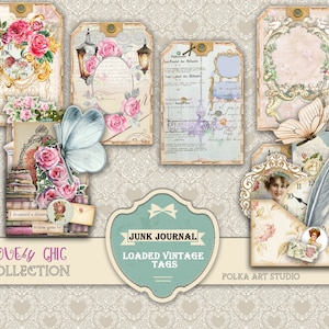 Étiquettes vintage chargées, journal indésirable, cartes imprimables shabby chic, téléchargement numérique, éphémères, papier vintage