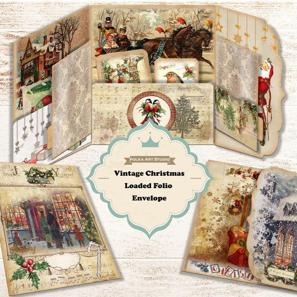 vintage Christmas Loaded Folio, Junk Journal Papercraft kit, Ephemera, Scrapbook, avec instructions complètes