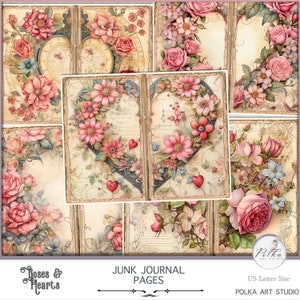 Junk Journal Kit Shabby Chic Roses & Hearts, decoratieve dagboekpagina's Valentijnsdag, vintage grungy, collagevellen, digitale downloaddocumenten