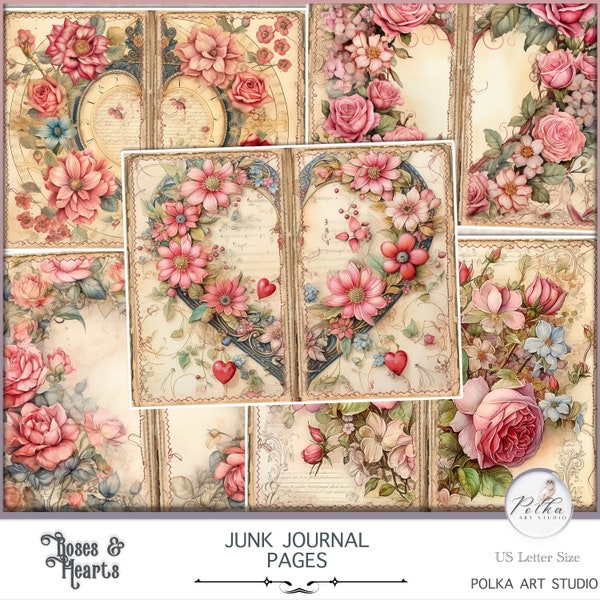 Junk Journal Kit Shabby Chic Roses & Hearts, Valentine's Decorative Journal Pages, Vintage  Grungy, Collage Sheets, Digital Download Papers