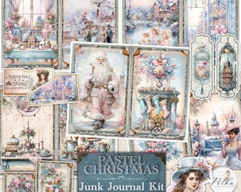 Christmas Junk Journal Kit, Pastel Christmas, Winter Decorative Journaling Pages, Vintage Christmas Ephemera, Fantasy Christmas Collage