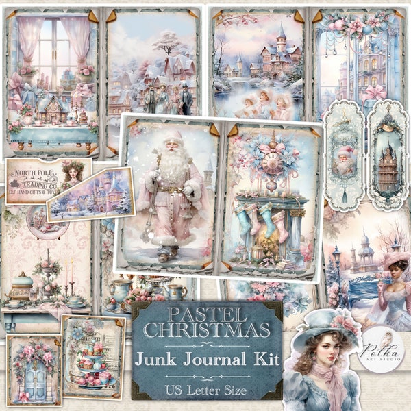 Kit de journal indésirable de Noël, Noël pastel, pages de journal décoratives d'hiver, éphémères de Noël vintage, collage de Noël fantastique