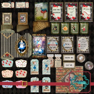 Junk Journal - add-on kit met glaseffect "The Wonderful World of Alice" -11 A4-pagina's - Afdrukbaar plakboek Junk Journal