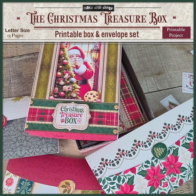 May include: A Christmas-themed printable box and envelope set. The box features an image of Santa Claus with a Christmas tree and cookie. The set includes a red and green plaid design, with the text "The Christmas Treasure Box".