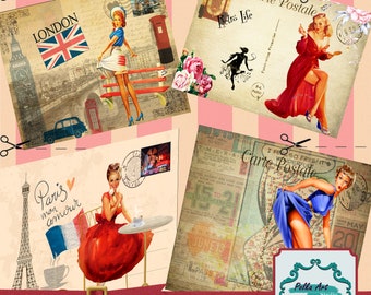 Pin-up girls Printable postcards / 8 vintage digital postcards 5" by 3.5" / instant downloads +Mystery page bonus included