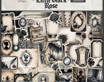 Gothic Junk Journal Ephemera Kit | Little Black Rose Printable Fussy Cuts, Tags, Frames & Cards | Dark Romantic Scrapbook Digital Download
