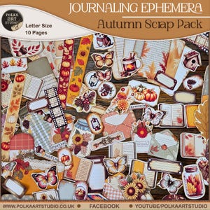 Puede incluir: Un surtido de efímeras de diario con temática otoñal, que incluye recortes de papel de calabazas, mariposas, hojas y girasoles. El paquete incluye etiquetas, etiquetas y elementos decorativos con el texto "Autumn Scrap Pack". El paquete es de tamaño carta y contiene 10 páginas.