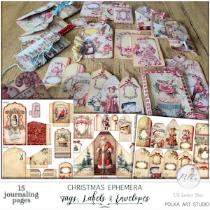 Digital Junk Journal Natale Vintage Ephemera, Etichette, Tag e Buste di Natale, Abbellimenti per diario stampabili, Kit per scrapbooking