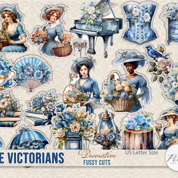 Junk Journal, Victorian Blue Shabby Chic, Fussy Cuts Printable Pages, Digital Download, Cricut, Vintage, Women, Embellishments Stickers