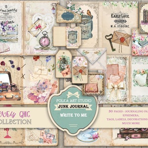 Junk Journal Kit "Write to me" Vintage shabby chic dagboek/decoratieve papieren/efemere/digitale download, afdrukbare papieren