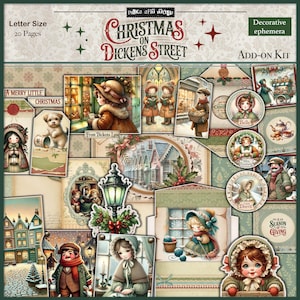 May include: A Christmas-themed add-on kit with a vintage design, featuring illustrations of children and scenes from Dickens' Street. The kit includes tags and decorative ephemera. The color scheme uses muted greens, reds, and browns, creating a nostalgic holiday atmosphere.