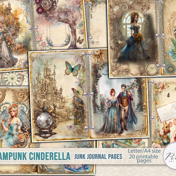 Junk Journal Digital Kit  Steampunk FairyTale Cinderella Printable Vintage Decorative Collage Papers, Digital Journal, Scrapbook,Paper Craft