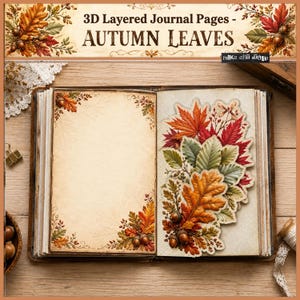 May include: An open journal featuring 3D layered autumn leaves and acorns. The left page has decorative leaf corners, while the right page displays a prominent, dimensional cluster of red, orange, and green foliage. Text reads 3D Layered Journal Pages - AUTUMN LEAVES.