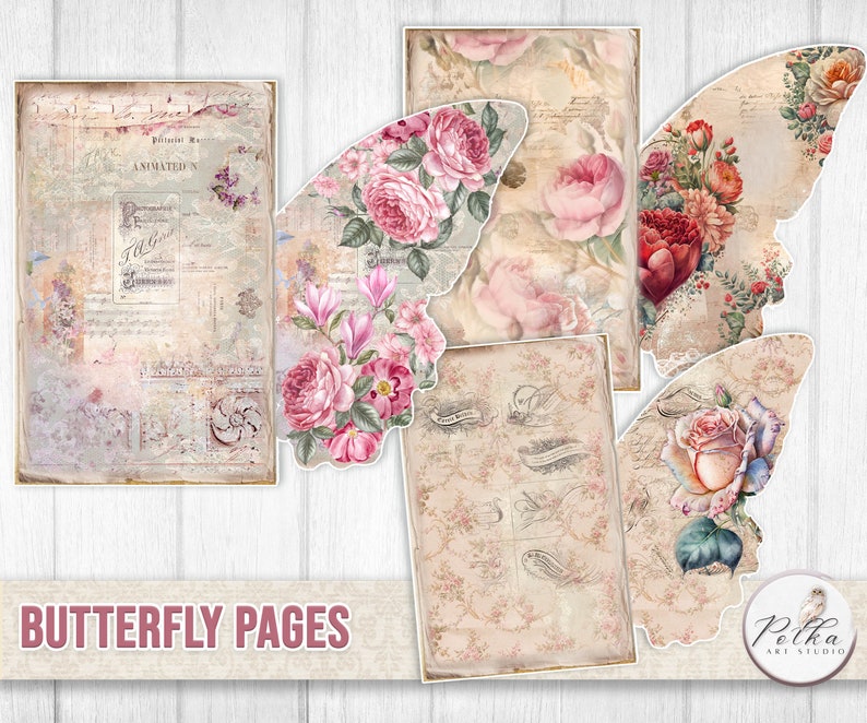Butterfly Junk Journal Pages: Shabby Chic Floral Cut-outs (digital ...
