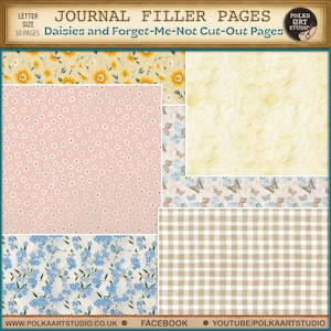 Pu&ograve; includere: Pagine di riempimento del diario con disegni floreali e fantasia. Le pagine presentano margherite, nontiscordardim&eacute;, farfalle e motivi a quadri in vari colori, tra cui giallo, rosa e blu. Il testo in alto recita "Journal Filler Pages" e "Daisies and Forget-Me-Not Cut-Out Pages".