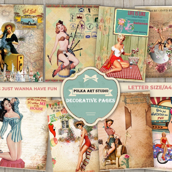 Decorative Papers "Girls Just Wanna Have Fun" - Pin-up Girls Scrapbooking Decorative Kit- Instant download, 20 Printable Retro Pages