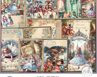 Digital Junk Journal Digitale Kit Alice in Wonderland Afdrukbare Vintage Kit, Collage Papers, Afdrukbare download, Scrapbook, Paper Craft