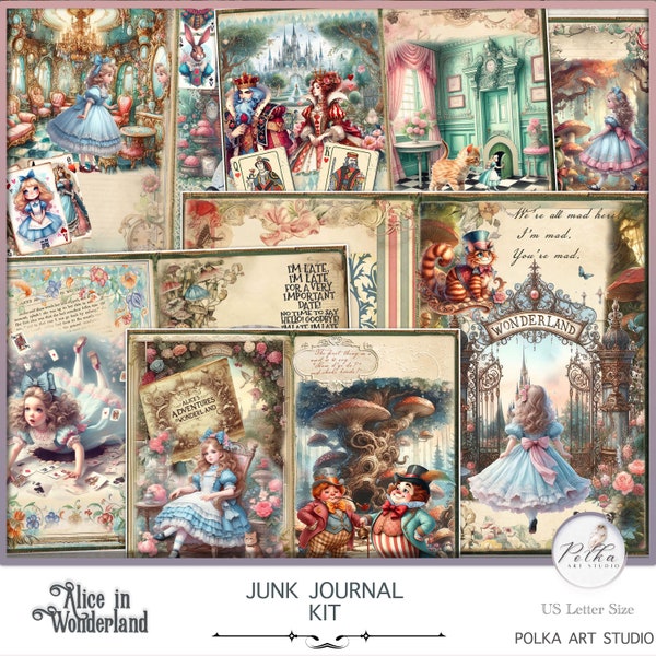 Digital Junk Journal Digital Kit Alice in Wonderland Printable Vintage Kit, Collage Papers, Printable Download, Scrapbook,Paper Craft