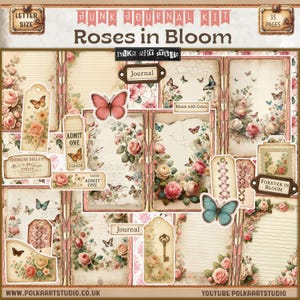 Kit per diario digitale "Junk Journal" - Pagine di diario Shabby Chic con rose rosa e effimeri, carta decorativa stampabile per scrapbooking
