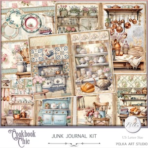 Digital Junk Journal Kit, Rustic Kitchen Recipes Cookbook Journaling Papers, Vintage Digital Download Decorative  Papers, Shabby Chic Kit