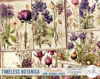 Vintage Botanische Junk Journal Digitale Kit, Bloemen afdrukbare decoratieve dagboekpagina's, Kruidencollageblad, Scrapbookpapierkit, Natuur