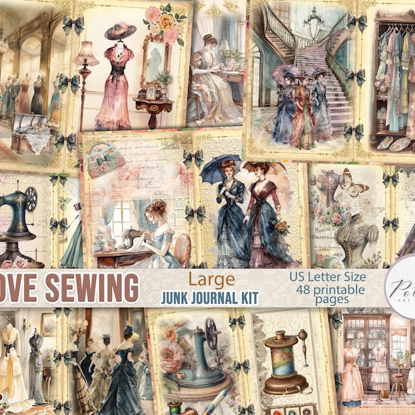 Junk Journal Kit, Victorian Sewing Journal Pages, Digital Download, Printable Pages, Sewing Machine, Seastress Embellishments Papers