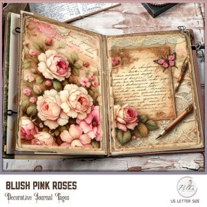 Junk Journal roses roses pages de journal décoratives numériques, papiers de scrapbooking, paquet de papier décoratif aquarelle vintage téléchargement immédiat