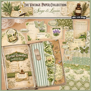 以下が含まれることがあります： ヴィンテージスタイルのスクラップブック。植物やハーブをテーマに、古紙、花の装飾、テキスト「Herbal Remedies」が特徴です。装飾的なタグ、蝶、そして「Sage & Linen」の文字も見えます。