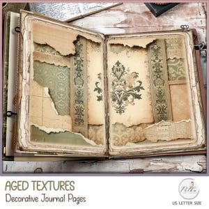 Junk Journal Verouderd papier en digitaal decoratief damast neutraal groen dagboekpagina's, scrapbooking, Paper Pack Vintage Instant Download