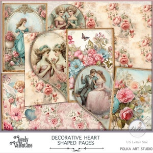Digitales Junk Journal Dekorative Herz Seiten, Cut-out Journal Insert, Valentinstag Shabby Chic Rosen, Blumen, Cupid Journaling druckbare Seiten