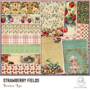 Digital Junk Journal Aardbeien decoratieve pagina's, vintage aardbei papieren patroon, Paper Pack, Instant download, Scrapbooking afdrukbare