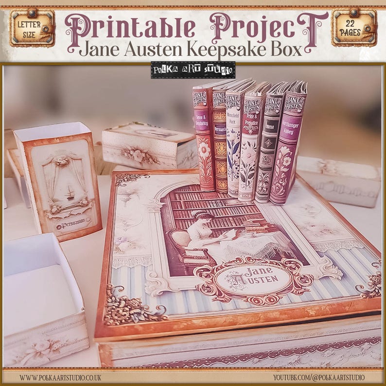 May include: A printable project for a Jane Austen keepsake box. The box is decorated with a vintage-style illustration of a woman reading in a library. The box is surrounded by miniature books with Jane Austen titles.