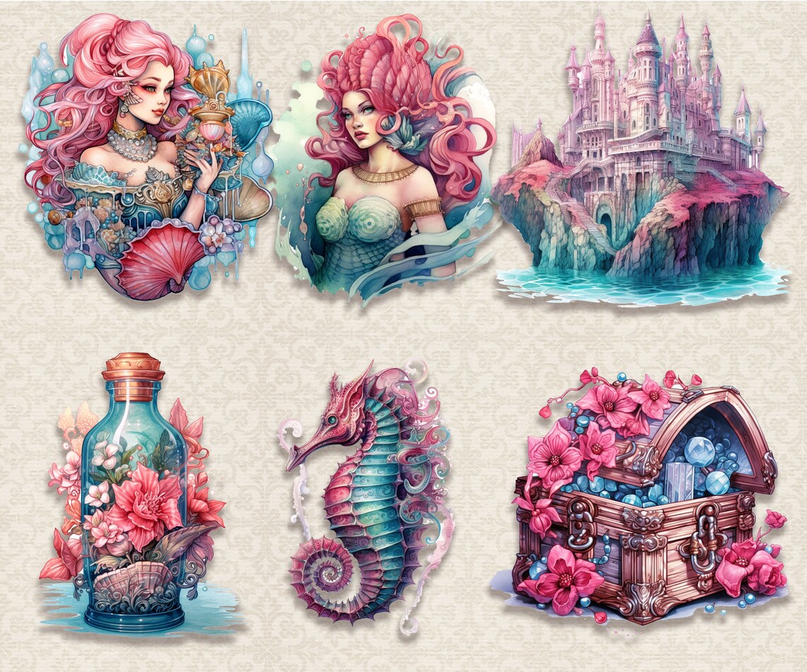 Mermaid Clipart Set: Watercolor Sea Fantasy PNG Images (digital ...