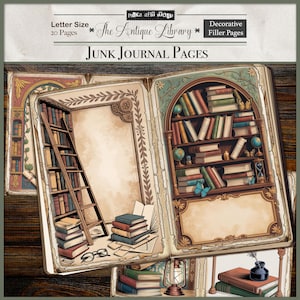 May include: Junk journal pages with an antique library theme. The pages feature illustrations of bookshelves, ladders, and stacks of books. The text on the pages reads "The Antique Library" and "Junk Journal Pages". The pages are letter size with 20 pages.