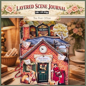May include: A layered scene journal titled "The Post Office" features a detailed papercraft design of a brick building with a clock, butterflies, and a dog. The journal includes the text "Layered Scene Journal" and "The Post Office Journal".