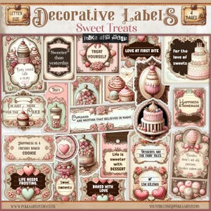 Kit de papier d'étiquettes de cuisson éphémères vintage shabby chic et bonbons numériques journal indésirable, coupes difficiles, téléchargement imprimable mots vintage et citations de gâteaux
