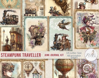 May include: A digital printable junk journal kit with a steampunk theme. The kit includes 48 pages of images featuring trains, clocks, airships, and other steampunk elements. The kit is designed for use with a US Letter size paper.