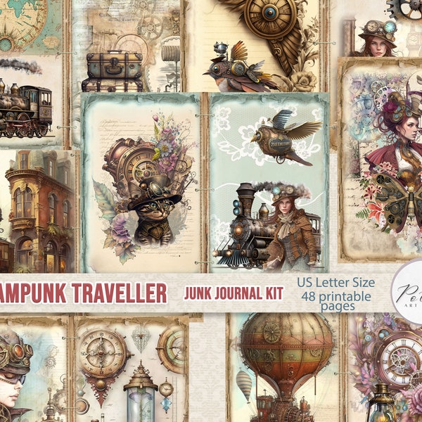 Junk Journal Steampunk Traveler grand kit digi de journalisation, kit d'artisanat Steampunk imprimable, téléchargement numérique, papier vintage, kit de journal