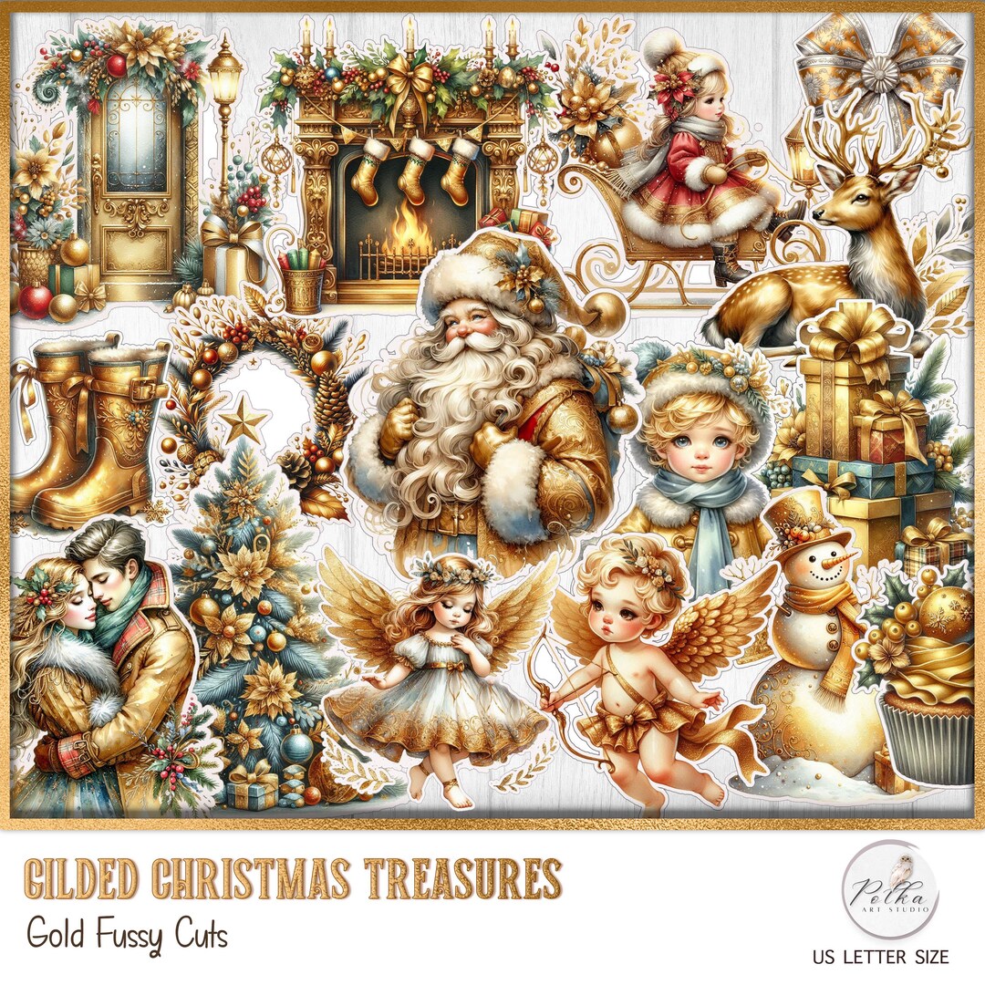 Digital Christmas Clipart Stickers: Vintage Gold Ephemera (printable ...