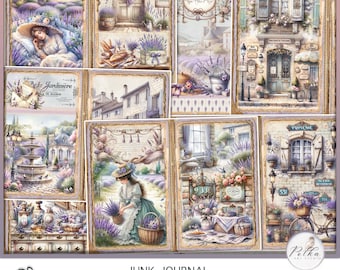 Junk Journal Digitales Kit Vintage Provence Lavendel, florale druckbare dekorative Journalseiten, ländliche Provence Collage Sheet, Papierset