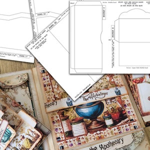 May include: A close-up of a handmade papercraft project with a vintage apothecary theme. The project features a series of pockets and flaps with labels like "Tonic" and "The Herbaliser". The pockets are decorated with a floral pattern and images of bottles and jars.